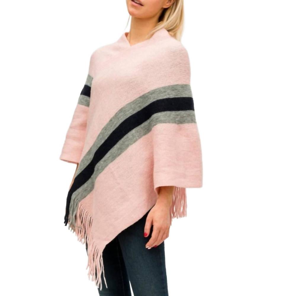 NEW JUDSON & CO. stripes fringed knit poncho in pink with black & white